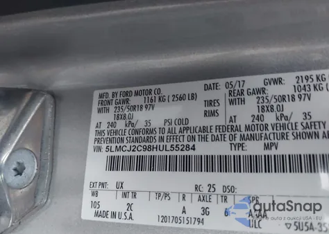 2017 Lincoln Mkc Select z USA, uszkodzony, nr VIN 5LMCJ2C98HUL55284